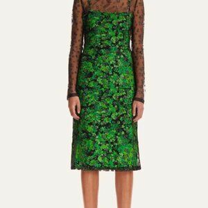 Stine Goya * Ibi Floral Pointilism Mesh Overlay Dress * Green / Black * Size XS
